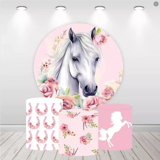 Horse Pink Flower Baby Shower Round Circle Backdrop Plinth Covers