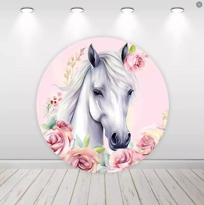 Coperture per plinto con fondale a cerchio rotondo, fiore rosa, per baby shower, cavallo