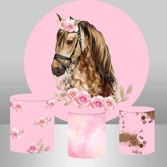 Кінь і рожева квітка Baby Shower круглий фон плінтуса охоплює вечірку фон