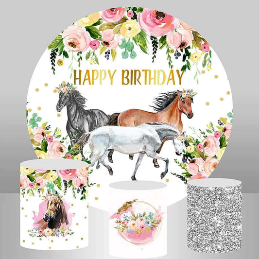 Tema konja, akvarel, cvijeće, točkice, okrugla pozadina za rođendansku zabavu za djevojčice
