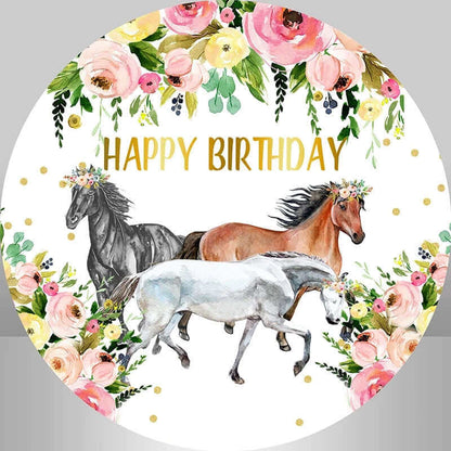 Horse theme Watercolor Flowers Dots Round Backdrop for Girls Birthday