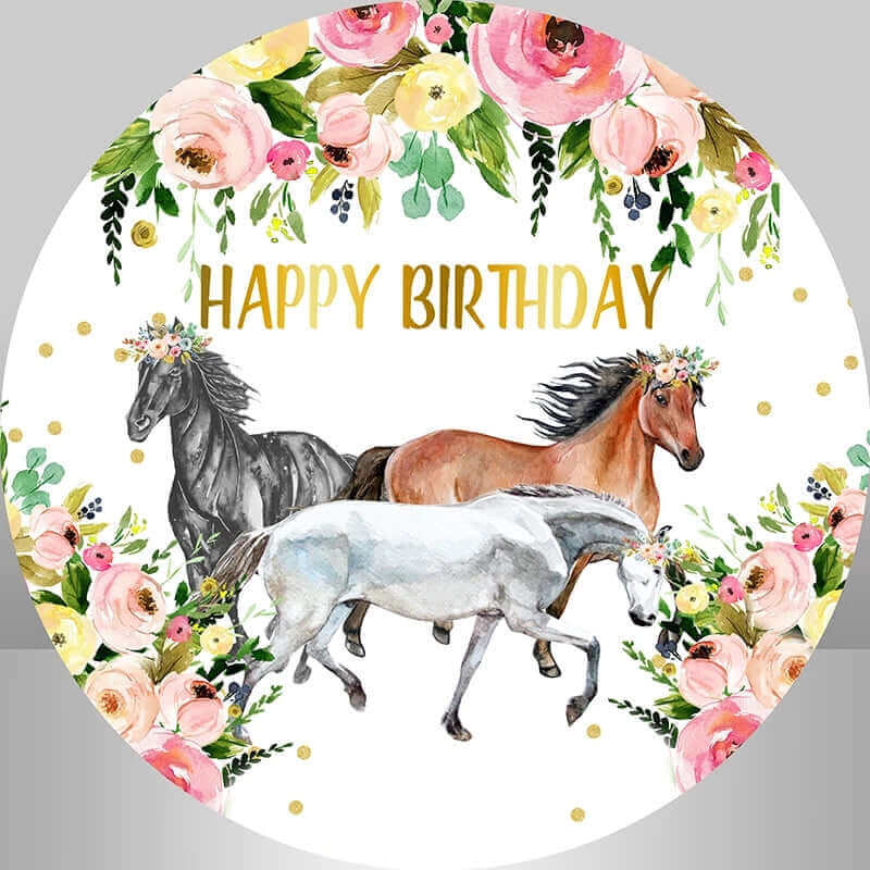 Horse Theme Watercolor Flowers Dots Round Backdrop For Girls Birthday Party