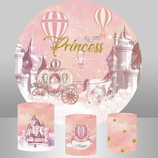 Балони на врући ваздух, округла позадина за рођендан принцезе у розе дворцу