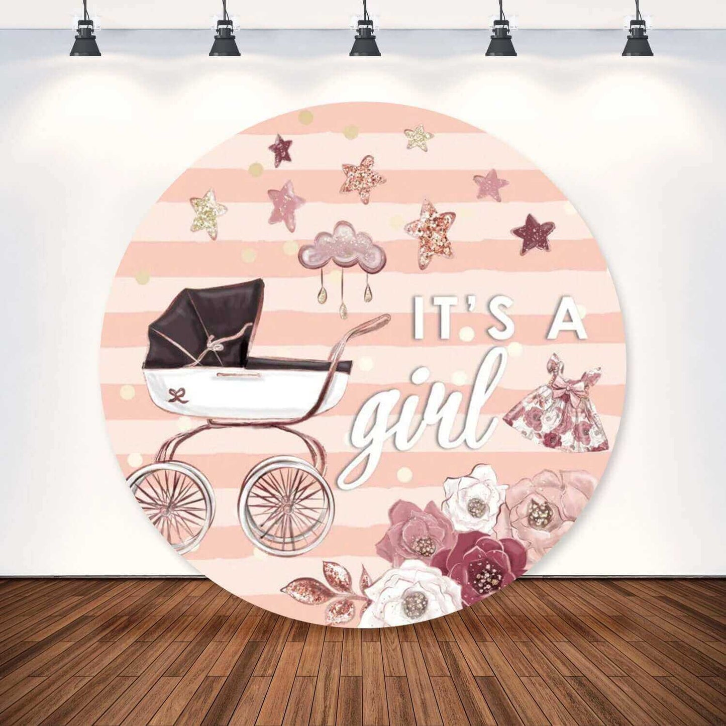 Its A Girl Baby Carriage Pink Stripe Baby Shower Round Backdrop