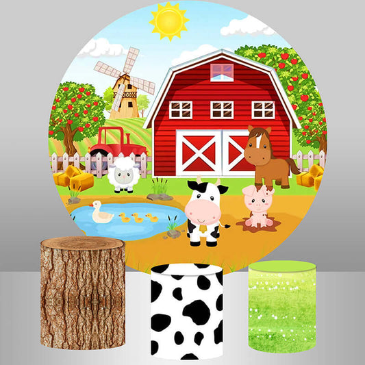 Farm Animals Red Barn Kids Birthday Party Decor Round Circle Backdrop