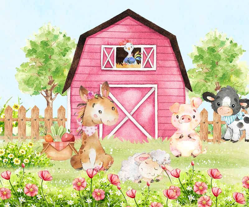 Ružičasta pozadina za dječju rođendansku proslavu novorođenčeta s domaćim životinjama
