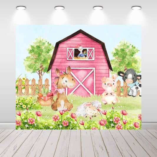 Pink Farm Animals Newborn Baby Shower Kids Birthday Party Backdrop