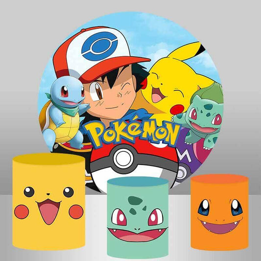 Pokemon Round Backdrop Boys Birthday Party Circle Background Baby Shower Cylinder Cover