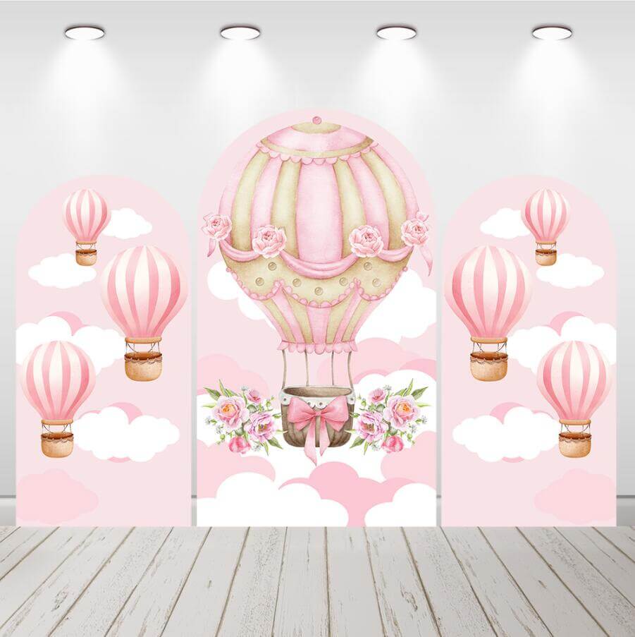Pink Hot Air Balloons Arched Backdrop Covers Fabric Double-sided