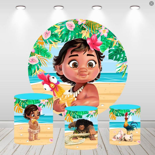 Baby Moana Summer Ocean Girls Birthday Round Backdrop Cylinder Covers