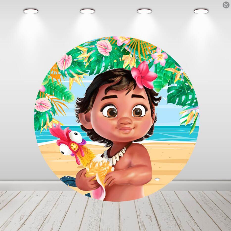 Baby Moana Summer Ocean Girls Birthday Round Backdrop Cylinder Covers