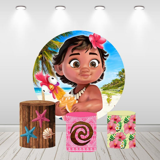 Moana – toile de fond ronde d'anniversaire pour filles, océan d'été, pour décoration de fête, couvertures de cylindre