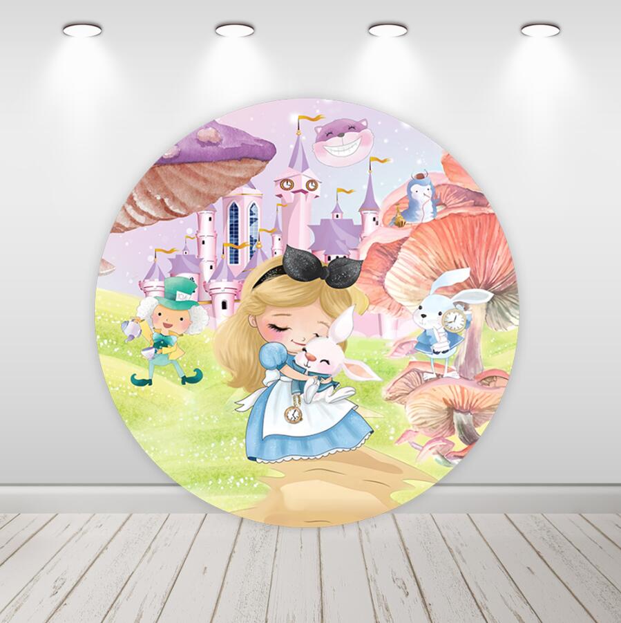 Alice in Wonderland Meisjes Verjaardag Ronde Cirkel Achtergrond Party Decor Cilinder Covers