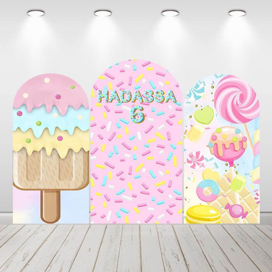 Crème glacée beignet filles anniversaire arc toile de fond Chiara mur fond
