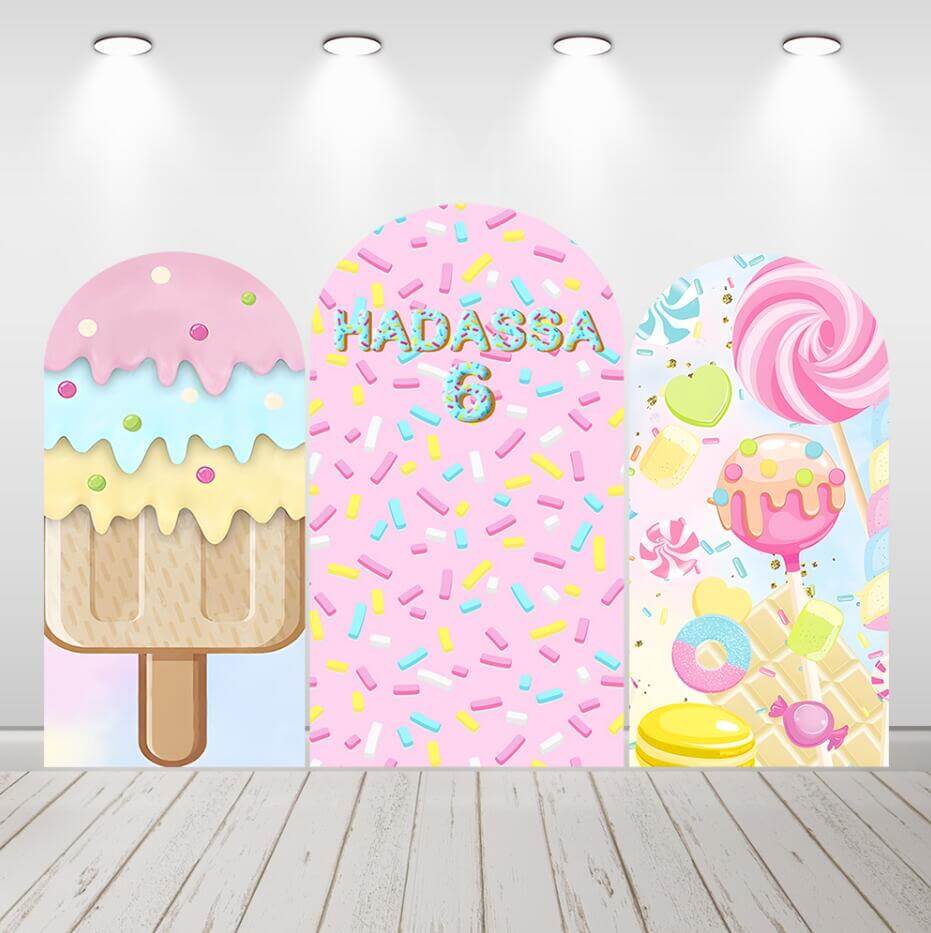 Sfondo di arco di compleanno per ragazze con ciambella gelato Sfondo da parete Chiara