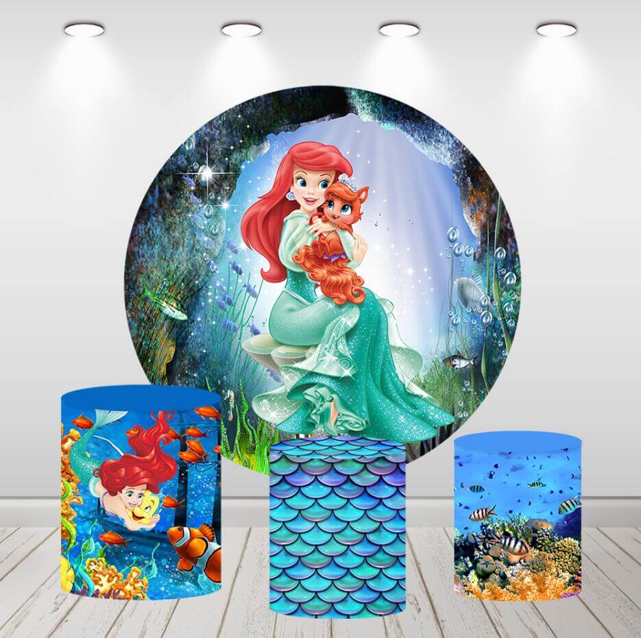 Mermaid Girls Birthday Baby Shower Round Backdrop Under Sea Cylinder Covers