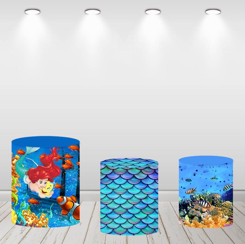 Mermaid Girls Birthday Baby Shower Round Backdrop Under Sea Cylinder Covers