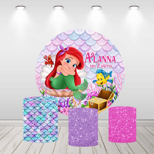 Okrugle pozadine za rođendansku proslavu djevojčica Little Mermaid, ljubičaste svjetlucave presvlake za cilindre