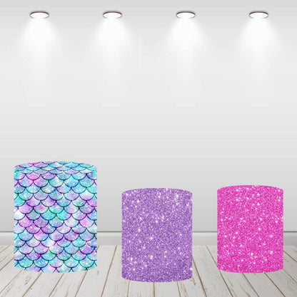 Little Mermaid Girls Birthday Party Round Backdrop Purple Glitter Cylinder Covers