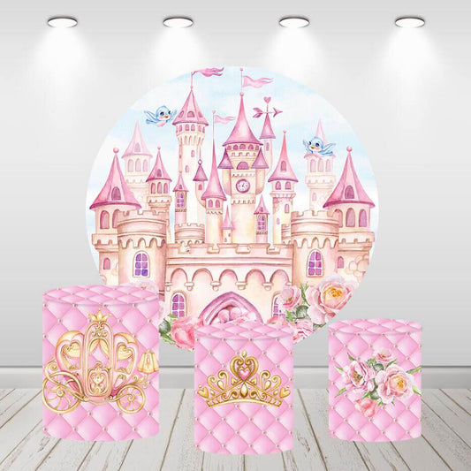 La festa di compleanno della principessa del castello rosa fiorisce lo sfondo del cerchio rotondo