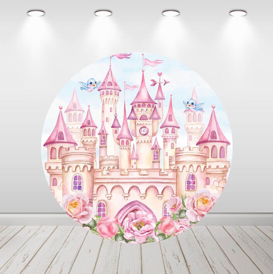 Pink Castle Princess Birthday Party Flowers Round Circle Backdrop