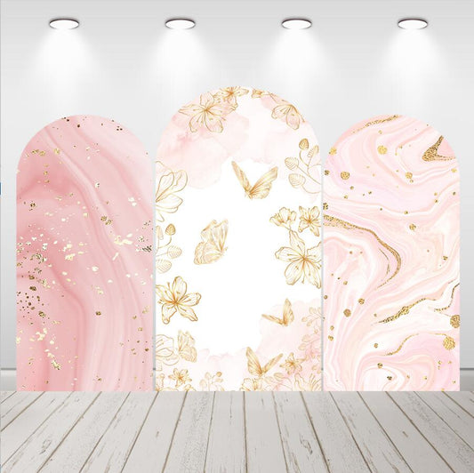 Sfondo per arco per festa di matrimonio in marmo rosa e oro, sfondo Chiara