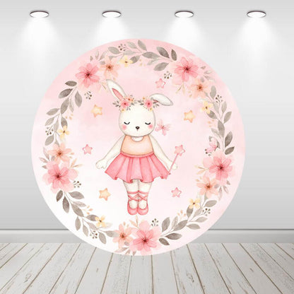 Pink Flowers Rabbit Circle Backdrop Baby Shower Party Decor Round Cover