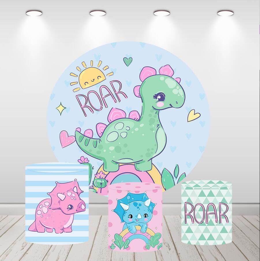 Dinosaur Kids Birthday Party Baby Shower Round Circle Backdrop Cylinder Covers