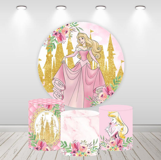 Copertina rotonda dello sfondo della Bella Addormentata della Principessa Aurora per gli sfondi della festa di compleanno di Baby Shower per ragazze