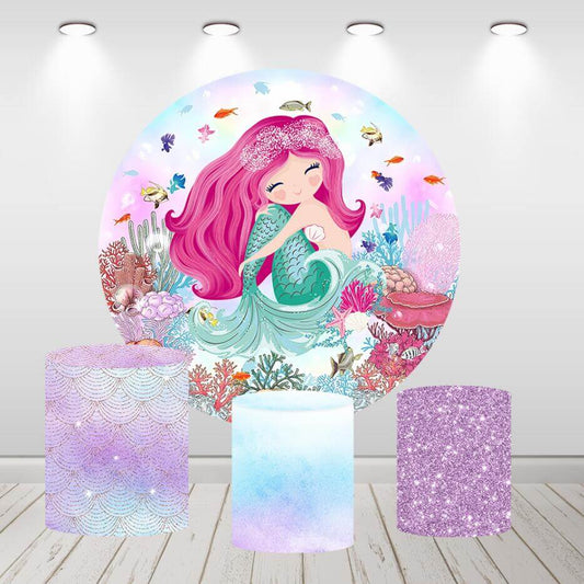 Mermaid Girls Birthday Party Round Backdrop Purple Glitter Cylinder Covers