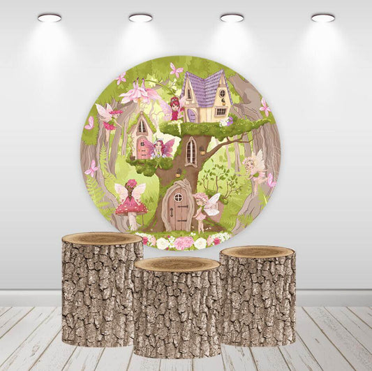 Fairy Girl Forest Geburtstagsparty, runder Kreis-Hintergrund, Holzzylinder-Abdeckungen