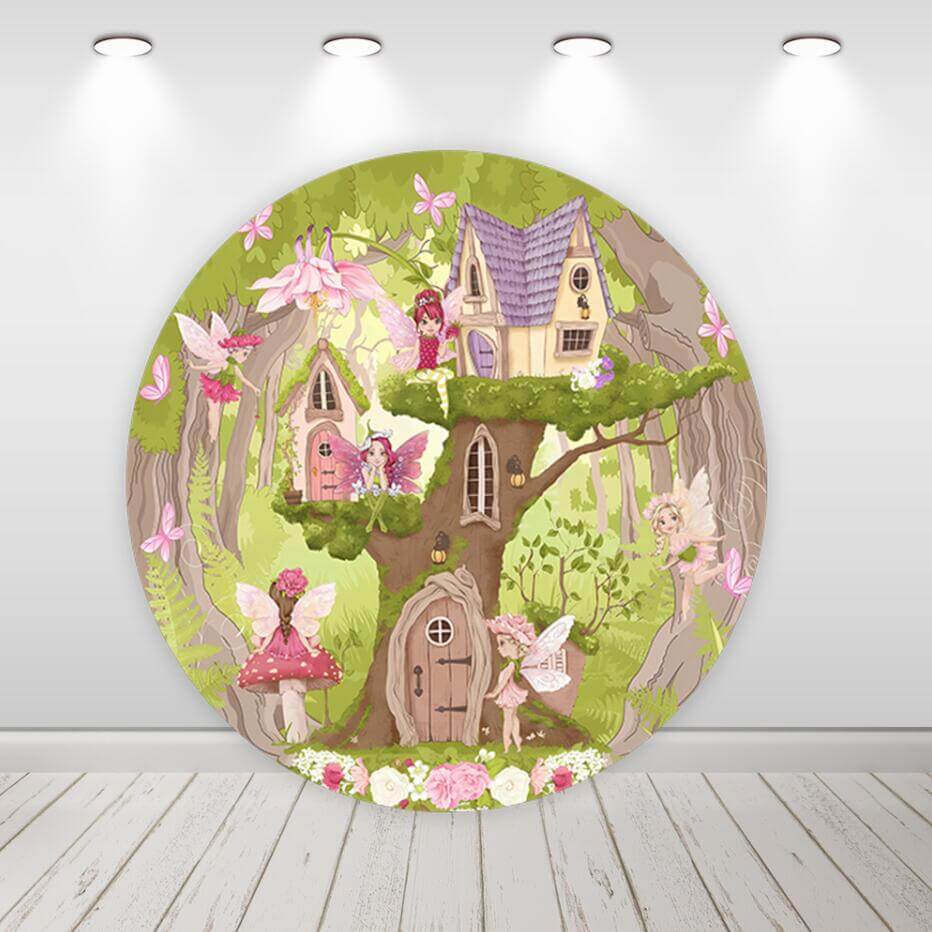 Coperture per cilindri in legno con sfondo rotondo e cerchio per festa di compleanno della foresta della fata