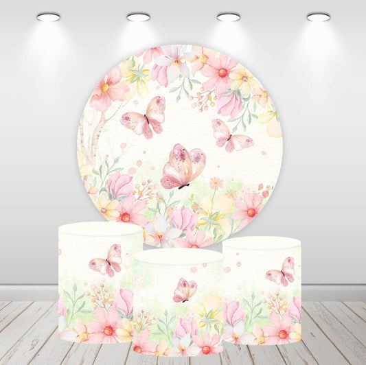 Couvertures rondes de cylindre de toile de fond de fête d'anniversaire de filles de fleurs de papillon
