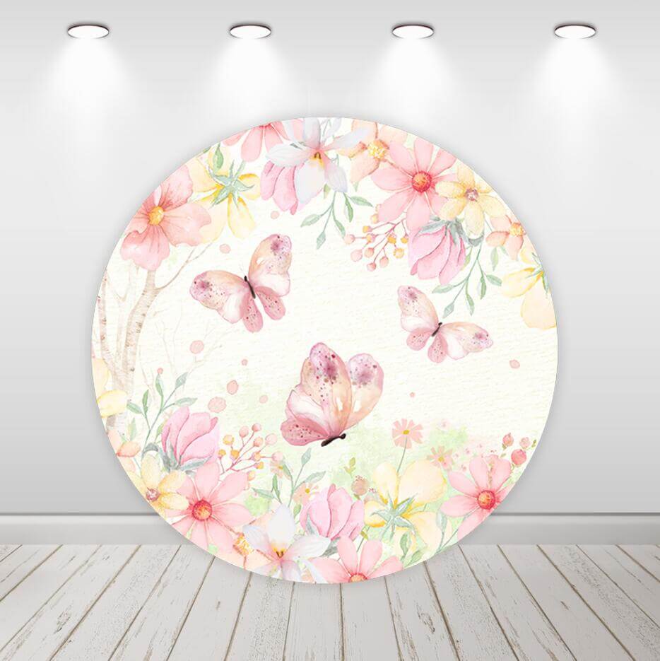 Butterfly Flowers Girls Birthday Party Round Backdrop Cylinder Covers