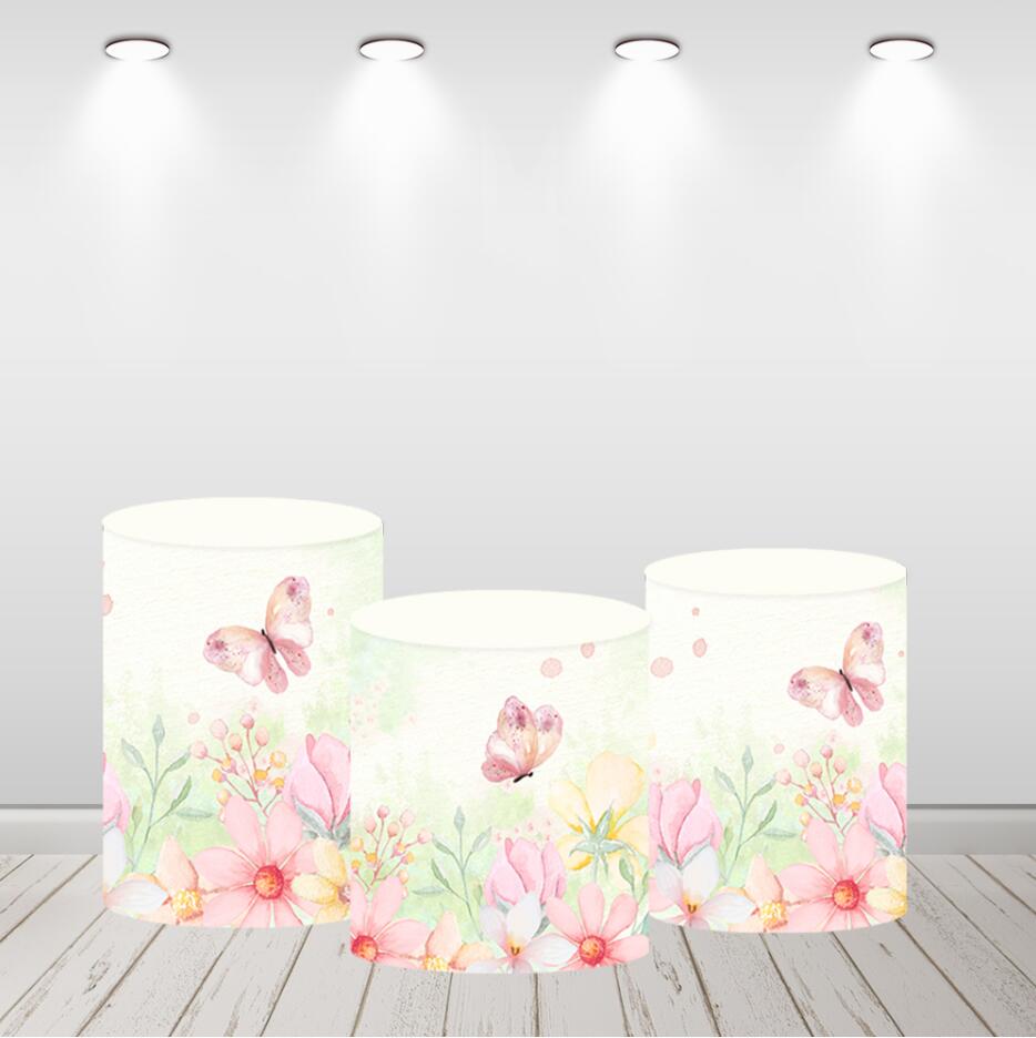Couvertures rondes de cylindre de toile de fond de fête d'anniversaire de filles de fleurs de papillon