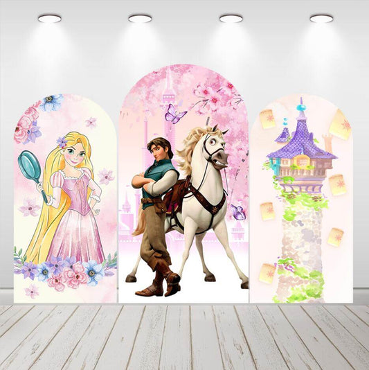 Copertina dello sfondo dell'arco della festa di compleanno delle ragazze della principessa Rapunzel