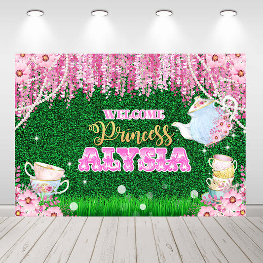 Green Grass Tea Party Backdrop Girls Birthday Photography Background