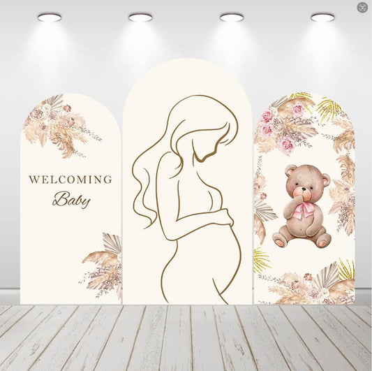 Üdvözöljük baba terhes nő baba zuhany ív hátteret borító