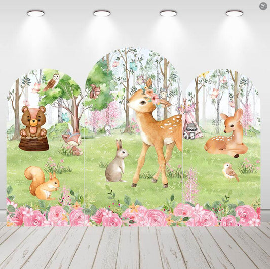 Lesní zvířata Deer Děti Narozeniny Baby Shower Arch Backdrop Cover