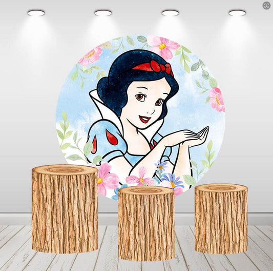 Snow White Princess Girls Birthday Round Circle Backdrop Wood Cylinder Covers