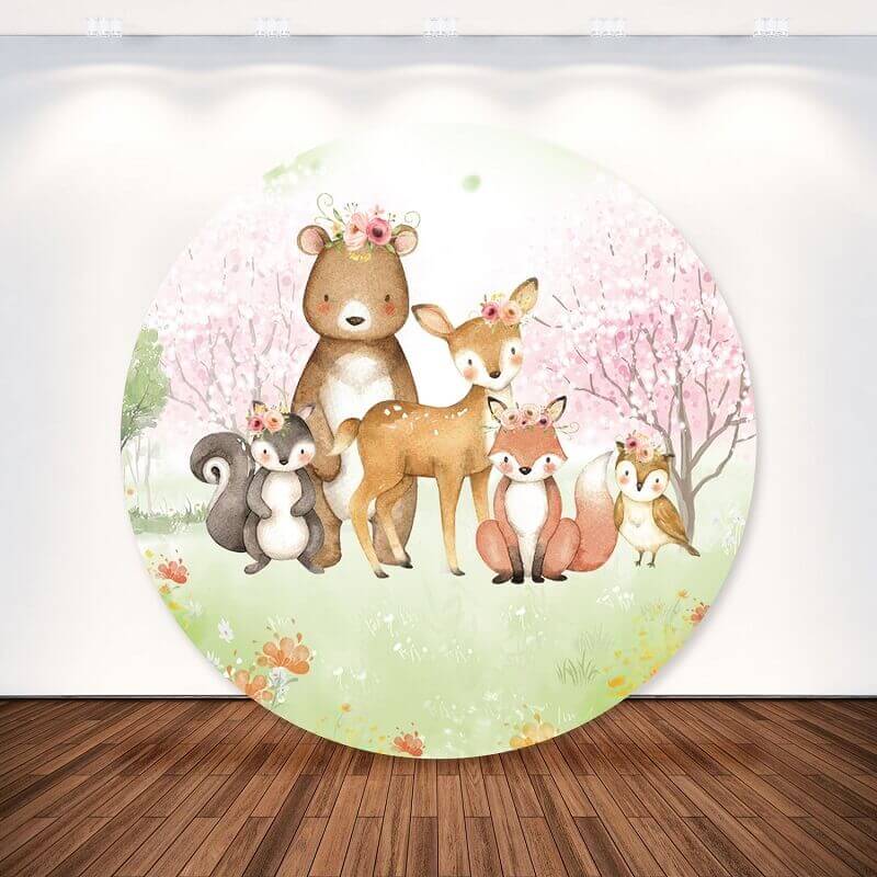 Jungle Animals Green Grass Pink Flowers Round Backdrop Cover Party