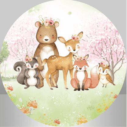 Jungle Animals Green Grass Pink Flowers Round Backdrop Cover