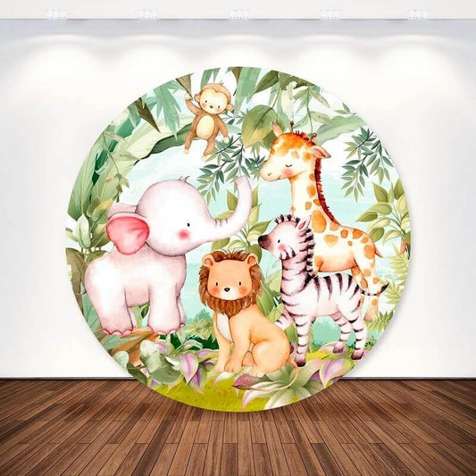 Pano de fundo redondo para festa de aniversário infantil com tema de animais da selva
