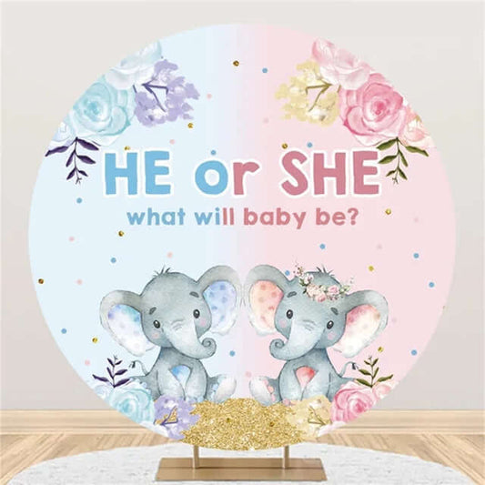 Elephant Flowers Boy Or Girl Gender Reveal Round Circle Backdrop Party