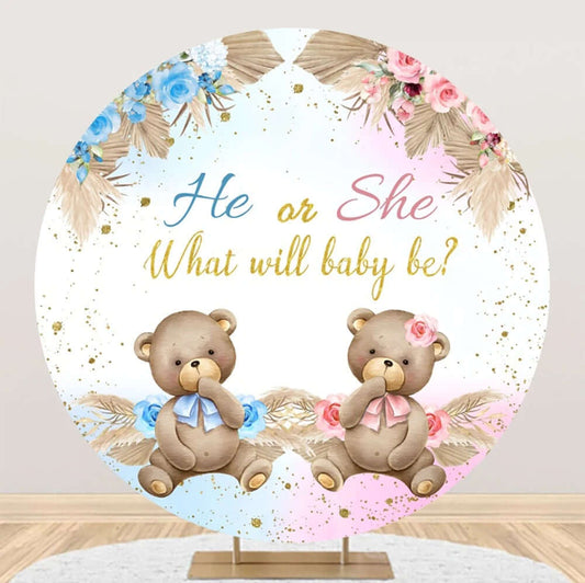 Boho Bear Gender Reveal Party Round Backdrop Cover Boy Or Girl