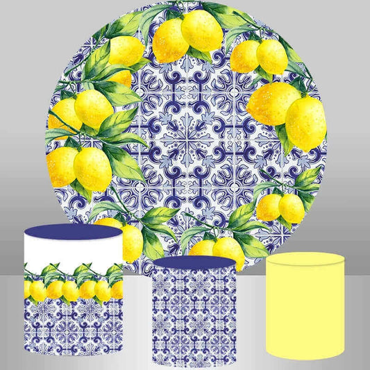 Pano de fundo redondo para festa de aniversário com padrão de porcelana espanhola e limão