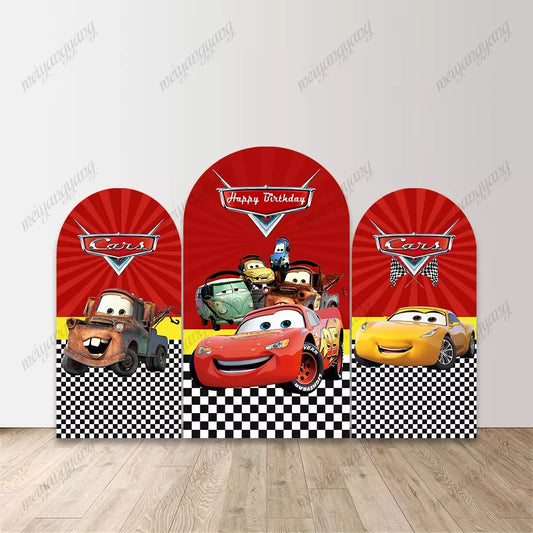 Lightning McQueen Mater Cruz Checkered Racing Arched Background for Kids Birthday Party