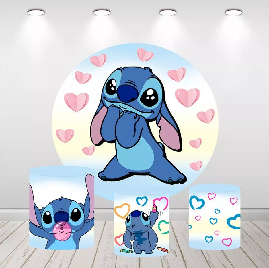 Lilo & Stitch Pink Heart Round Backdrop Girls Birthday Party Decor