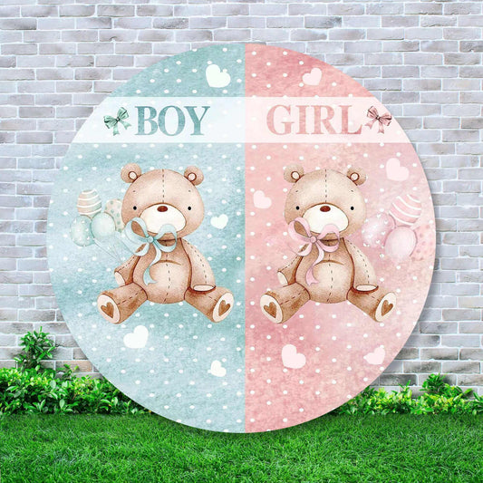 Маленький Медвежонок, мальчик или девочка, раскрывает пол на круглом фоне, обложка для вечеринки