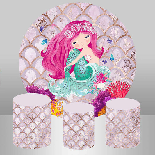 Little Mermaid Theme Girls Birthday Round Background Plinth Covers Party Backdrop